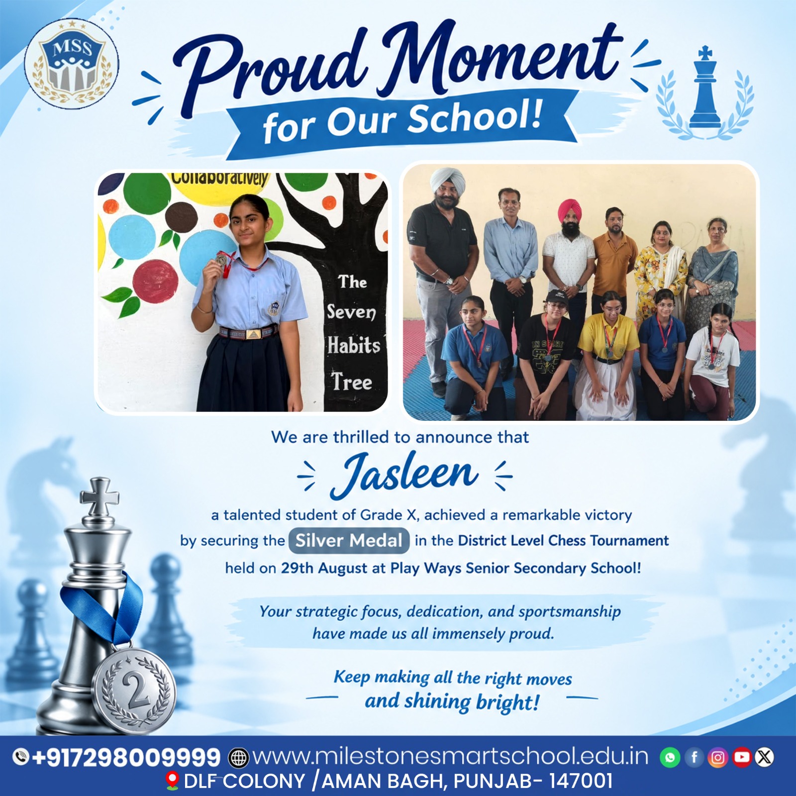Jasleen Grade X Silver Medal in District Level Chess Tournament